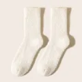 White fluffy plush coral fleece socks for women, warm winter thermal sleep floor socks. - One Size / Beige