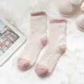 Women cozy fluffy coral fleece winter warm mid-tube home socks beige pink variant - One Size (35-42) / 1801 Cream White