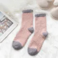Women fuzzy winter warm coral fleece mid-tube socks in cozy pink and grey color block style. - One Size (35-42) / 1801 Pink