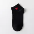 Women black short socks with red heart embroidery, comfortable cotton daily casual wear. - One Size (35-42) / Black