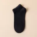 Women's black short socks with fuzzy plush trim, comfortable cotton bottom, daily wear. - One Size (35-42) / Black