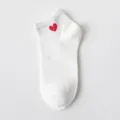 Cotton short socks for women, white ankle socks with cute red heart embroidery design. - One Size (35-42) / White and Red Heart