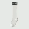 White knee high socks with black stripes and letter c knit design for women daily wear. - One Size / Mesh Extended Style / White