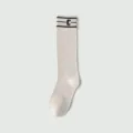 Women white long socks knee high cotton casual socks with stripes and letter design for daily wear - One Size / Flat Calf Style / Beige