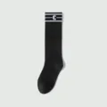 Black cotton knee-high socks for women, summer thin tube socks with striped cuff and C logo. - One Size / Flat Calf Style / Black