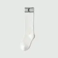 White summer knee high socks for women, featuring black stripes and letter C cuff design. - One Size / Flat Calf Style / White