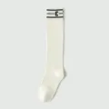 White knee high socks for women, summer thin cotton long socks featuring black stripes and letter. - One Size / Flat Extended Style / Cream