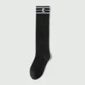 Black knee-high socks for women with white stripe cuffs and letter C, breathable and stylish. - One Size / Flat Extended Style / Black