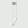 Women white knee high socks with black stripes and C letter, cotton preppy long socks. - One Size / Flat Extended Style / White