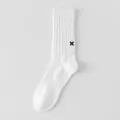Men white mid-calf cotton sock with black x embroidery casual streetwear daily wear - One Size / White
