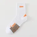Men's mid-tube athletic basketball socks with cushion towel sole, white with orange and grey details. - One Size / White with Orange Label