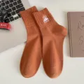 Caramel mid-calf cotton socks with mountain embroidery, stylish breathable athletic socks for men. - One Size / Orange