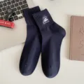 Men navy blue mid-calf cotton socks with stylish mountain embroidery, breathable and comfy. - One Size / Navy Blue