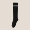 Black Japanese style knee high socks with white double stripes for women daily wear. - One Size / Over-calf Black