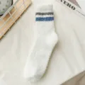 Calzini spessi in pile corallo soffice da uomo, calze invernali calde per dormire e casa. - Taglia unica (40-46) / Bianco con Doppia Riga