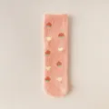 Plush fuzzy coral pink winter mid-tube socks featuring cute strawberry and heart pattern. - One Size (35-42) / Peach