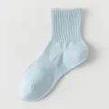 Light blue women's mid tube cotton socks, ribbed design for daily wear, breathable and comfortable. - One Size / Light Blue