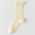 Light yellow frilly crew socks, breathable mesh vertical stripes, sweet JK style hosiery. - One Size / Milky Yellow