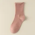 Pink ribbed mid-calf cotton socks, soft comfortable daily casual knitwear socks for women. - One Size / Pink