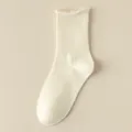 White Ribbed Mid-Calf Cotton Socks Casual Daily Wear Comfortable Solid Color Style - One Size / Cream White
