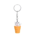 Detail view of cute cartoon cat ice cream cone keychain pendant charm for bags and keys. - White Open-Mouth Cat + Yellow Bucket Keychain