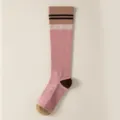 Pink athletic compression knee high socks featuring striped design and color block foot. - One Size / Pink