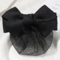 Black hair bow with snood net, elegant professional hair clip for office, bank and hotel work. - Herringbone Black Style B Fine Mesh