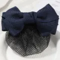 Professional dark blue hairnet bow bun maker for nurses, hotel and airline staff work use. - Herringbone Blue Style B Fine Mesh