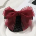 Elegant red organza bow hair net for women, professional bun cover hair accessory. - Coarse Mesh / Red
