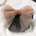 Professional hair net with beige organza bow, elegant bun cover for women and workplace. - Fine Mesh / Khaki