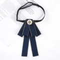 Navy blue ribbon collar flower bow tie with pearl rhinestone center for women professional uniform - Blue Bow Tie with 6 Pearls