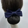 Professional navy blue hair net with bow, elegant bun cover accessory for nurse hotel front desk. - Fine Mesh / Blue with Beige Edge