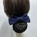 Professional hair net bow for women workplace nurse hotel front desk bun cover accessory - Coarse Mesh / Blue with Beige Edge