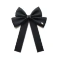 Black bow ribbon collar flower detail view with silver trim and metal badge ornament - Small Label Collar Flower Black