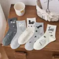 Chaussettes mi-tubes pour femmes brodées de chats mignons en coton style automne - Taille unique / Chat Nombre / Gris