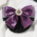 Purple satin bow hair net with pearl rhinestone detail, elegant hair accessory for work. - White Yarn Large Pearl Coarse Mesh / Purple