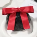 Detail view of professional hair net bun cover with red satin bow, neat hair accessory. - Straight Fine Net / Red