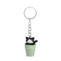 Close-up of a cute black and white cat inside a waffle ice cream cone keychain pendant detail. - Black Cat + Green Bucket Keychain