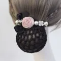 Elegant hair net clip with pink fabric rose bow pearls professional work hair accessory - Butterfly Floral (Coarse Mesh) / Pink