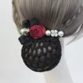 Elegant women's professional hair net bun cover with black bow and wine red fabric rose detail. - Butterfly Floral (Coarse Mesh) / Red