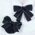 Navy blue uniform bow tie and hair net set for women, professional work accessories, detail shot. - Black and Beige Edged Set