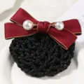 Close-up detail of elegant red bow hair net with pearls for women professional workplace style. - Red & Beige Edge Coarse Mesh with Bar