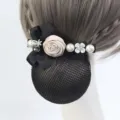 Elegant black hair bun cover net with fabric rose pearl bow for professional work wear - Butterfly Floral (Fine Mesh) / Light Khaki
