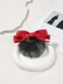 Close-up detail shot of professional hairnet featuring a classic red bow, elegant hair accessory. - Red Small Bar Label - Fine Mesh