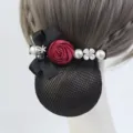 Elegant professional women hair net bun cover with rose bow pearl rhinestones decor accessory - Butterfly Floral (Fine Mesh) / Red
