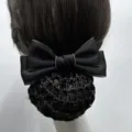Black bow hair net detail, professional bun cover for nurses, hotel staff, and office work. - Coarse Mesh / Black with Beige Edge