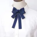 Dark blue bow tie collar accessory for women uniform, elegant professional ribbon bow. - Style C Handle Flower in Blue
