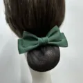Professional women hair net bun cover with dark green bow for nurse hotel and bank staff. - Fine Mesh / Green with Beige Edge