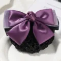 Purple satin bow hair net with a delicate rose knot, elegant accessory for professional wear. - White Yarn Small Rose Coarse Mesh / Purple