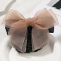 Black mesh hair net with khaki organza bow bun cover professional hair accessory item - Coarse Mesh / Khaki
